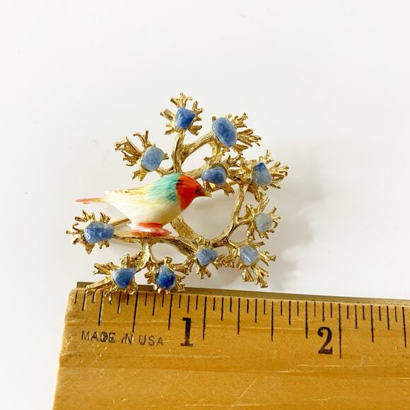 Vintage Enamel Bird Brooch Pin On Branch Gold Tone Blue Rhinestone Prong 1.75" - Picture 7 of 8